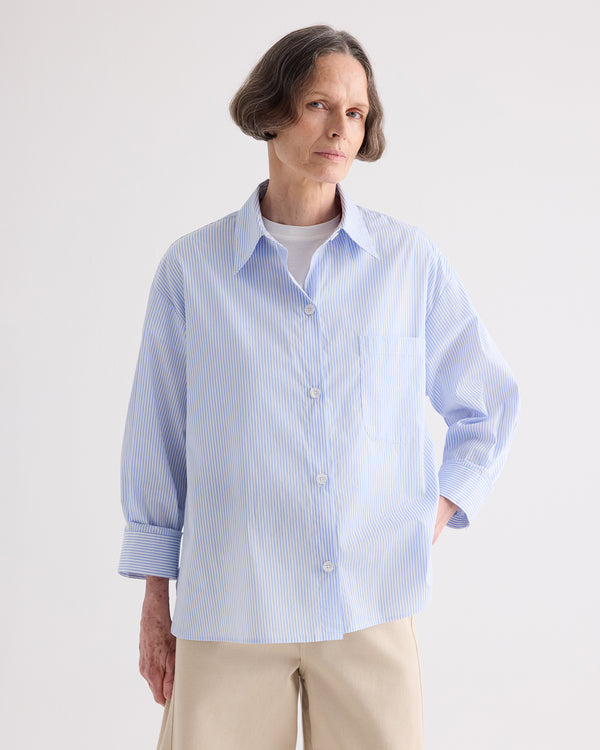 TWP White / blue Newest Earl Shirt in Mini Banker Stripe view 2