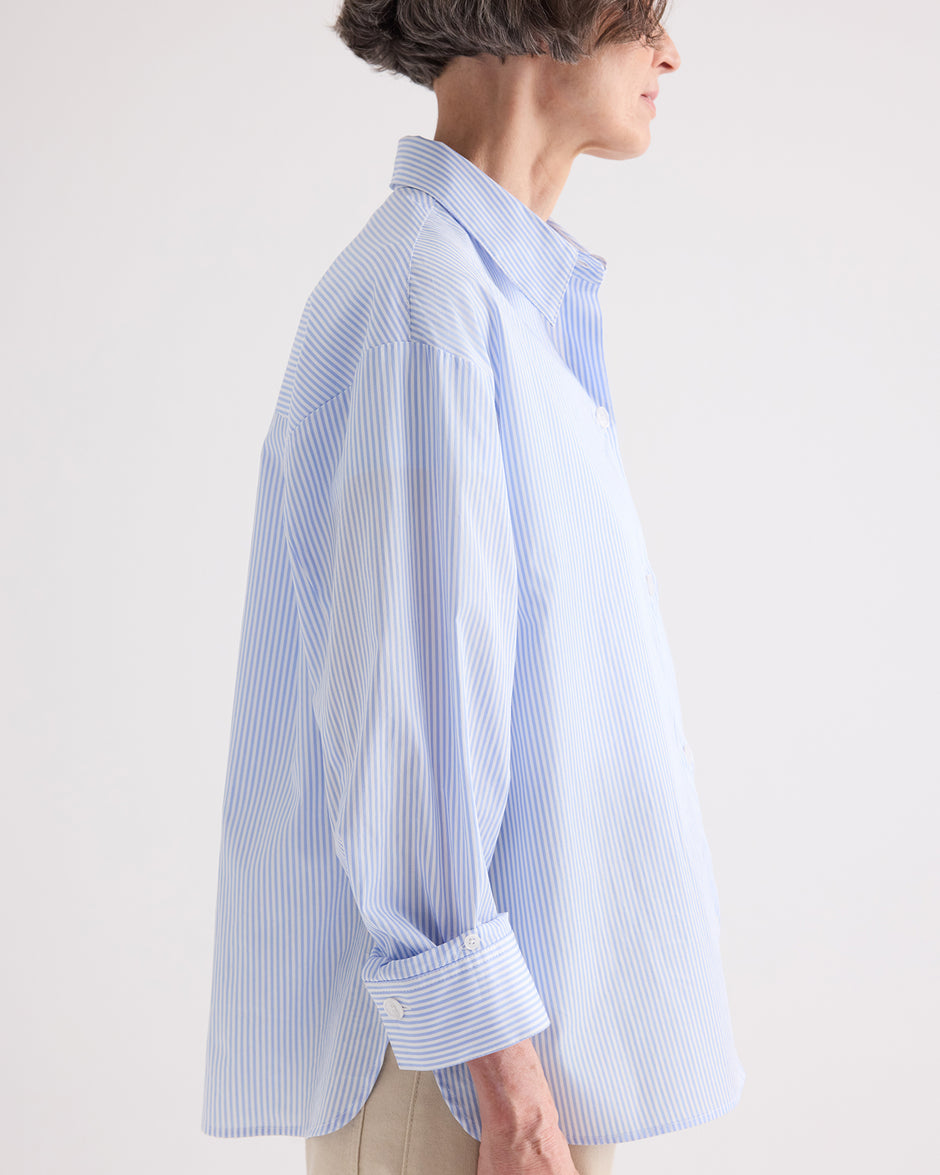 TWP White / blue Newest Earl Shirt in Mini Banker Stripe view 3