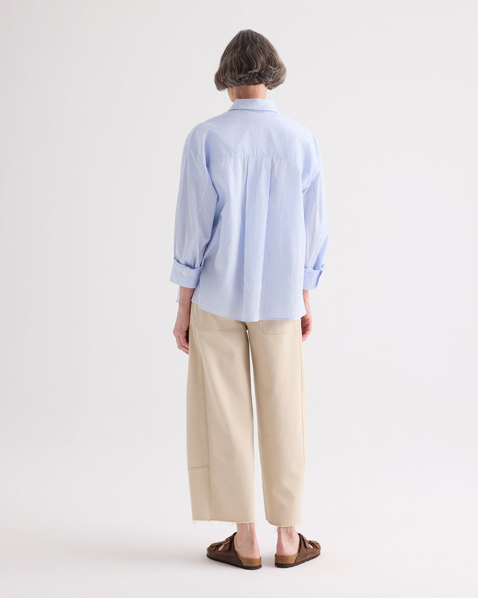 TWP White / blue Newest Earl Shirt in Mini Banker Stripe view 5