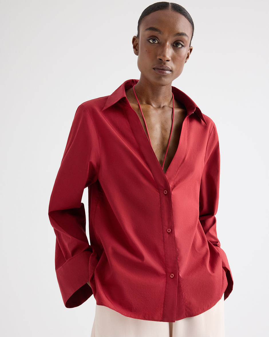 TWP Karanda red Deep V Relaxed Shirt in Superfine Cotton view 6