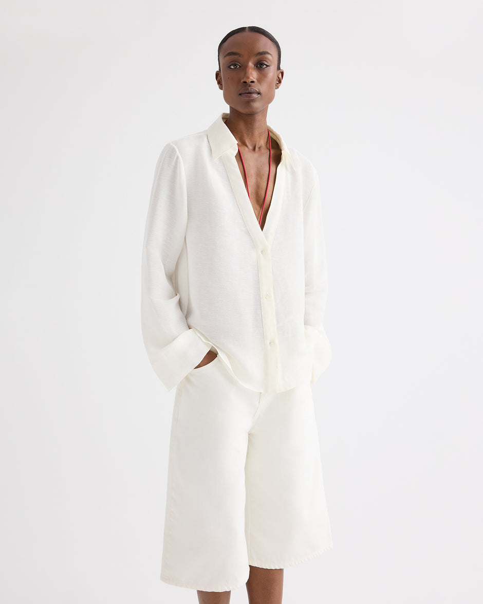 TWP Ivory Deep V Relaxed Shirt in Linen Silk view 2