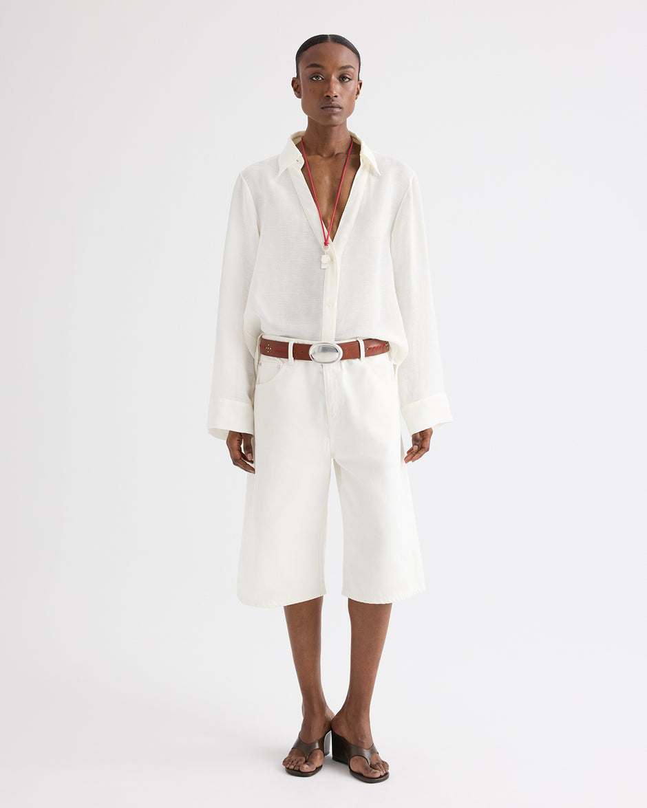 TWP Ivory Deep V Relaxed Shirt in Linen Silk view 3