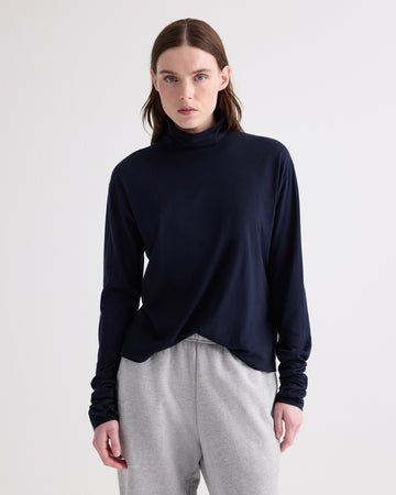 Midnight Supima Cotton Abby Mockneck Long-Sleeve Top - Front View On Model | TWP Clothing