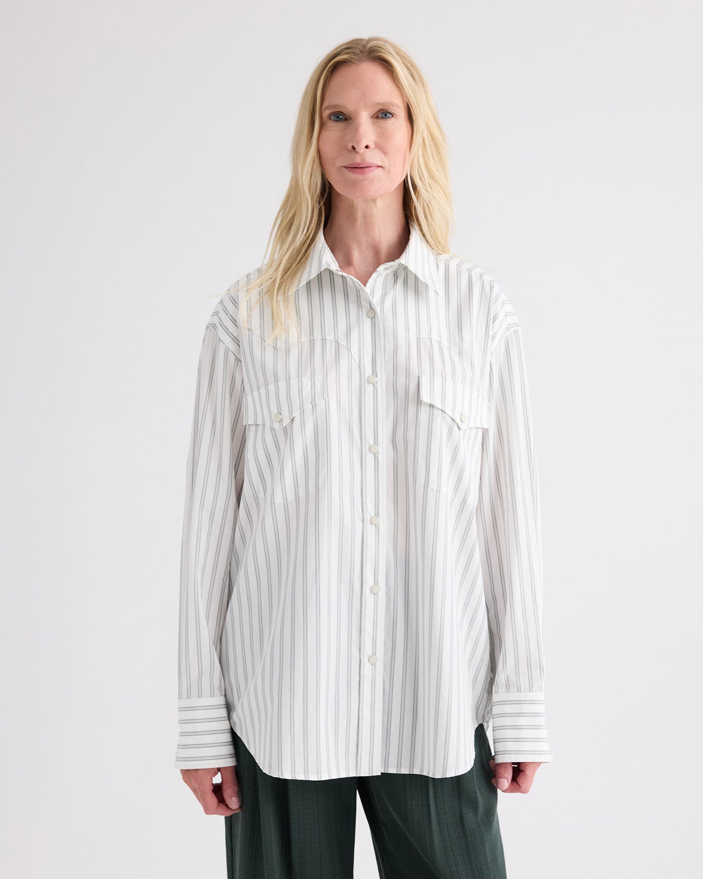 TWP White / green Highway Man Shirt in Mixed Hairline Cotton Stripe view 2