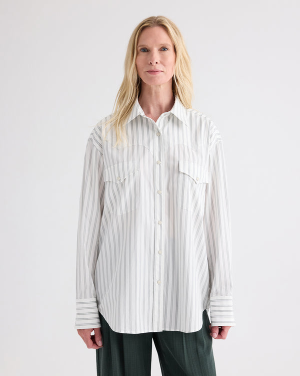 TWP White / green Highway Man Shirt in Mixed Hairline Cotton Stripe view 2