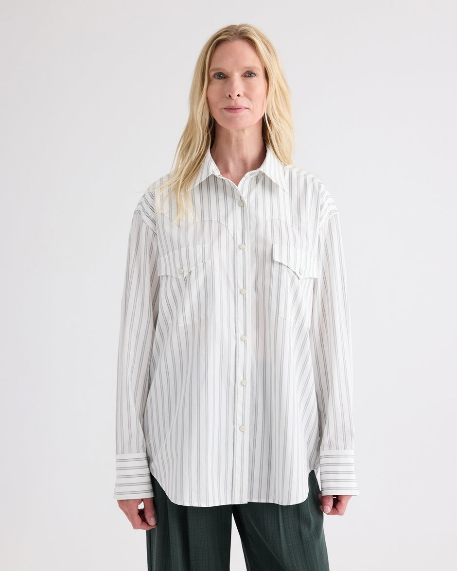 TWP White / green Highway Man Shirt in Mixed Hairline Cotton Stripe view 2