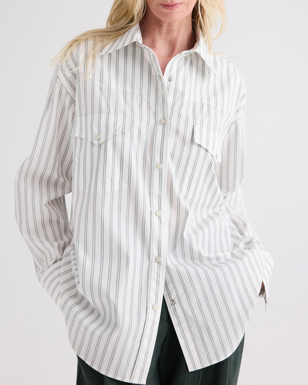 TWP White / green Highway Man Shirt in Mixed Hairline Cotton Stripe view 1