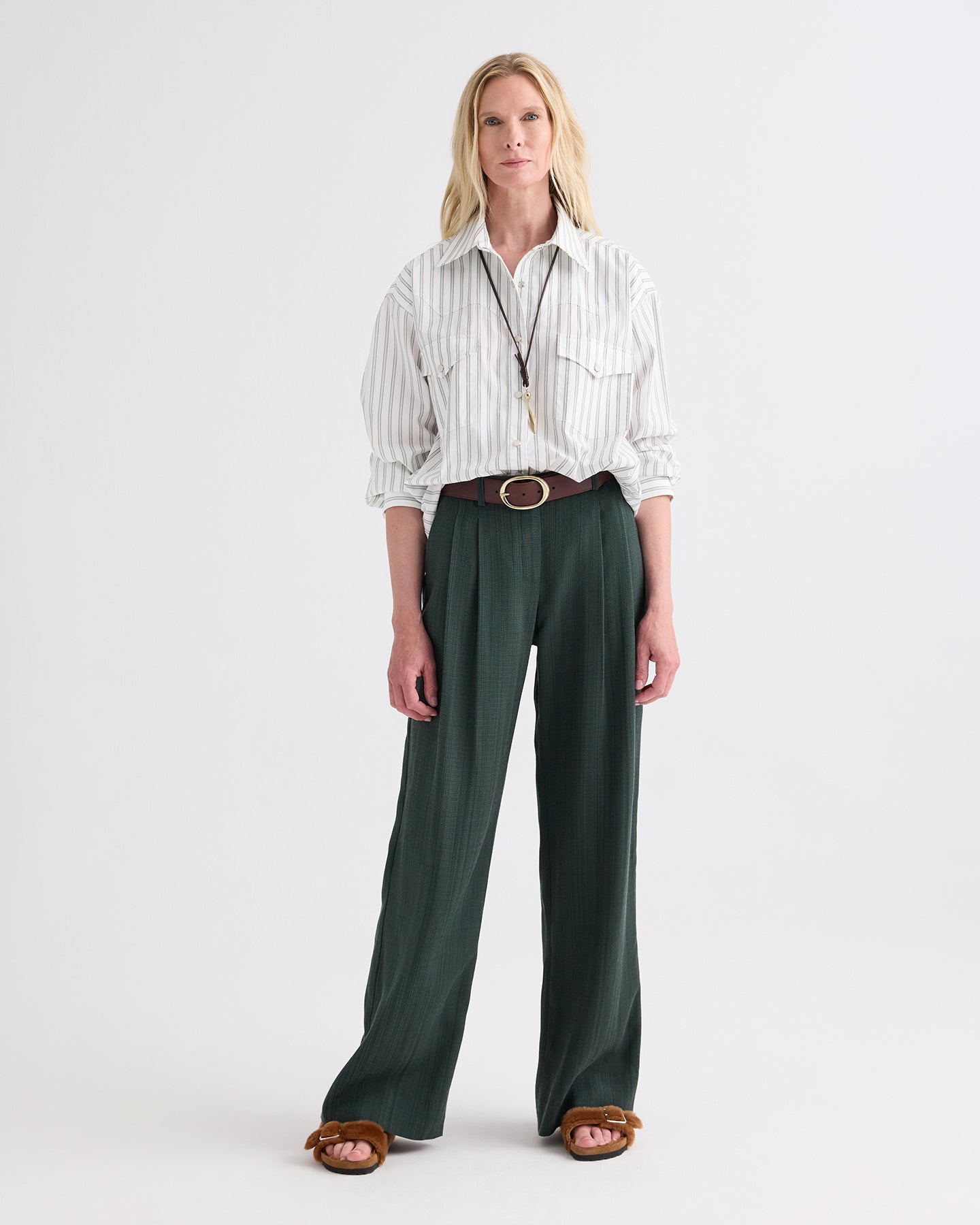 TWP White / green Highway Man Shirt in Mixed Hairline Cotton Stripe view 3