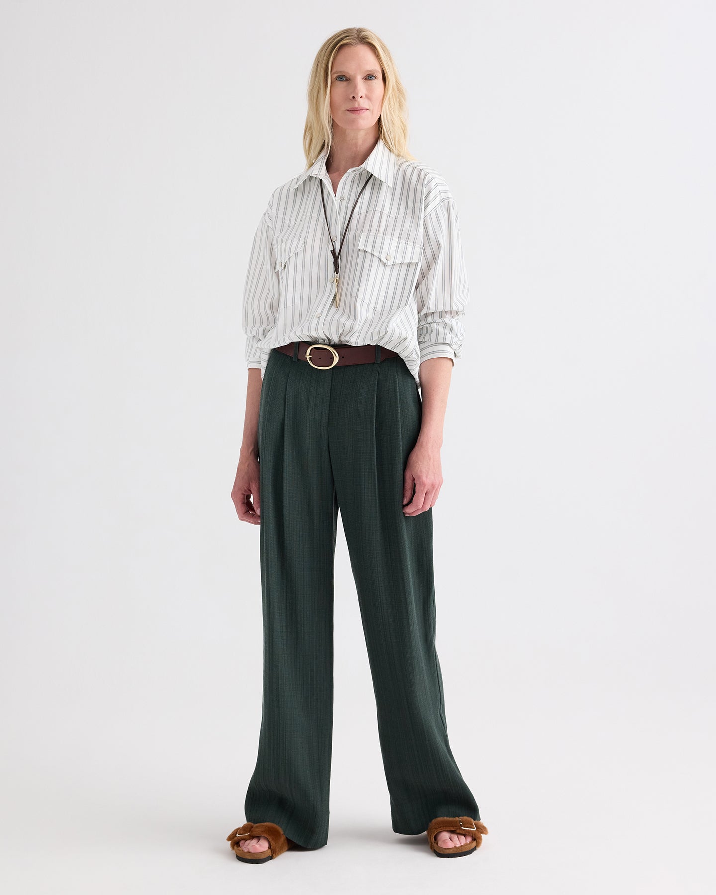 TWP White / green Highway Man Shirt in Mixed Hairline Cotton Stripe view 6