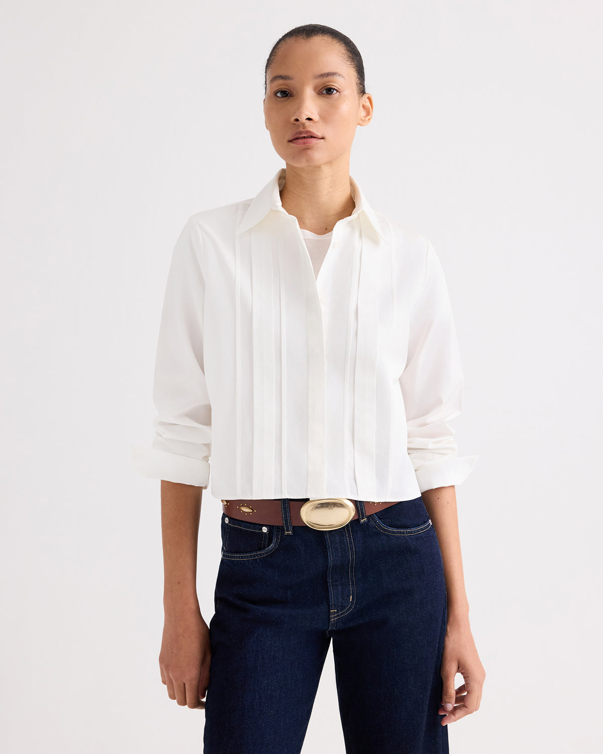 White Cotton Shirting Pleated Cropped Button-Down - Front View On Model | TWP Clothing