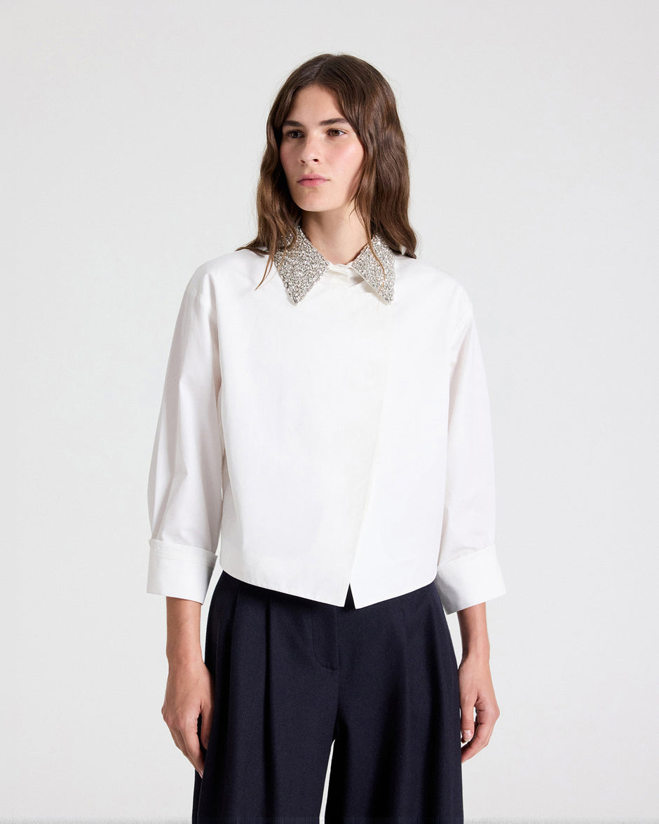 TWP White New Chapter Shirt with Crystal Collar in Cotton Poplin view 2