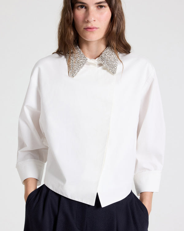 TWP White New Chapter Shirt with Crystal Collar in Cotton Poplin view 3