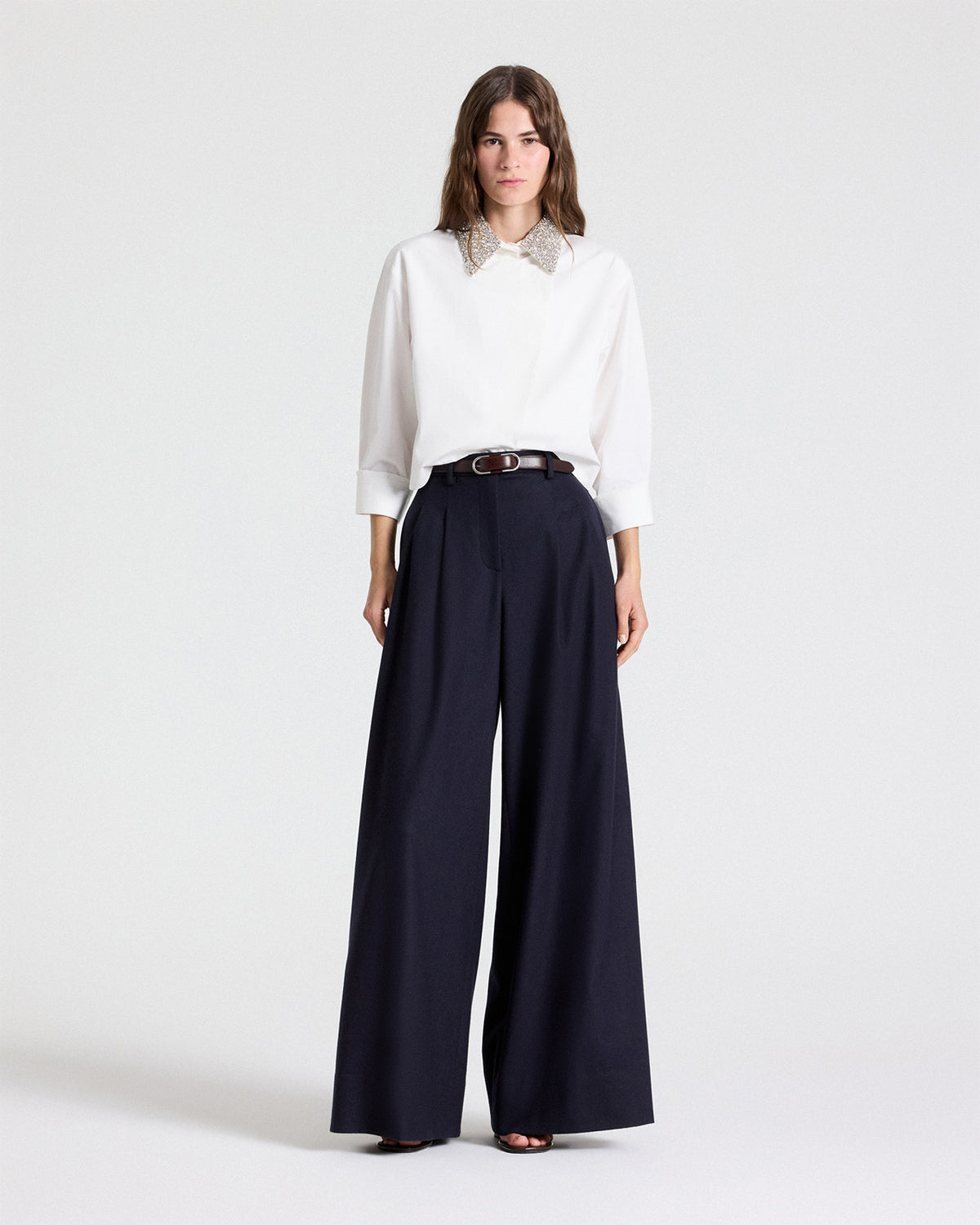 TWP White New Chapter Shirt with Crystal Collar in Cotton Poplin view 1