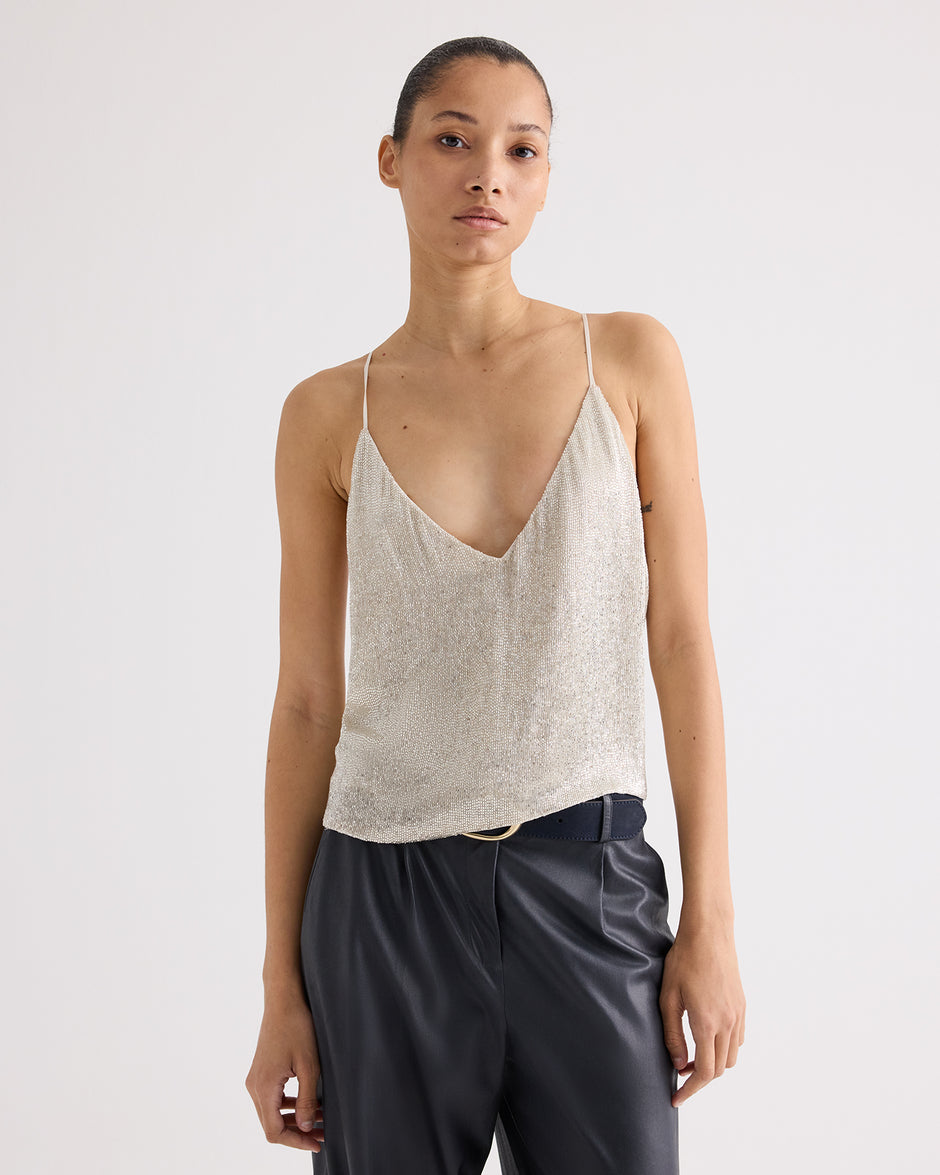 TWP Ivory / silver Simple Cami Top in Bugles and Seedbeads view 1