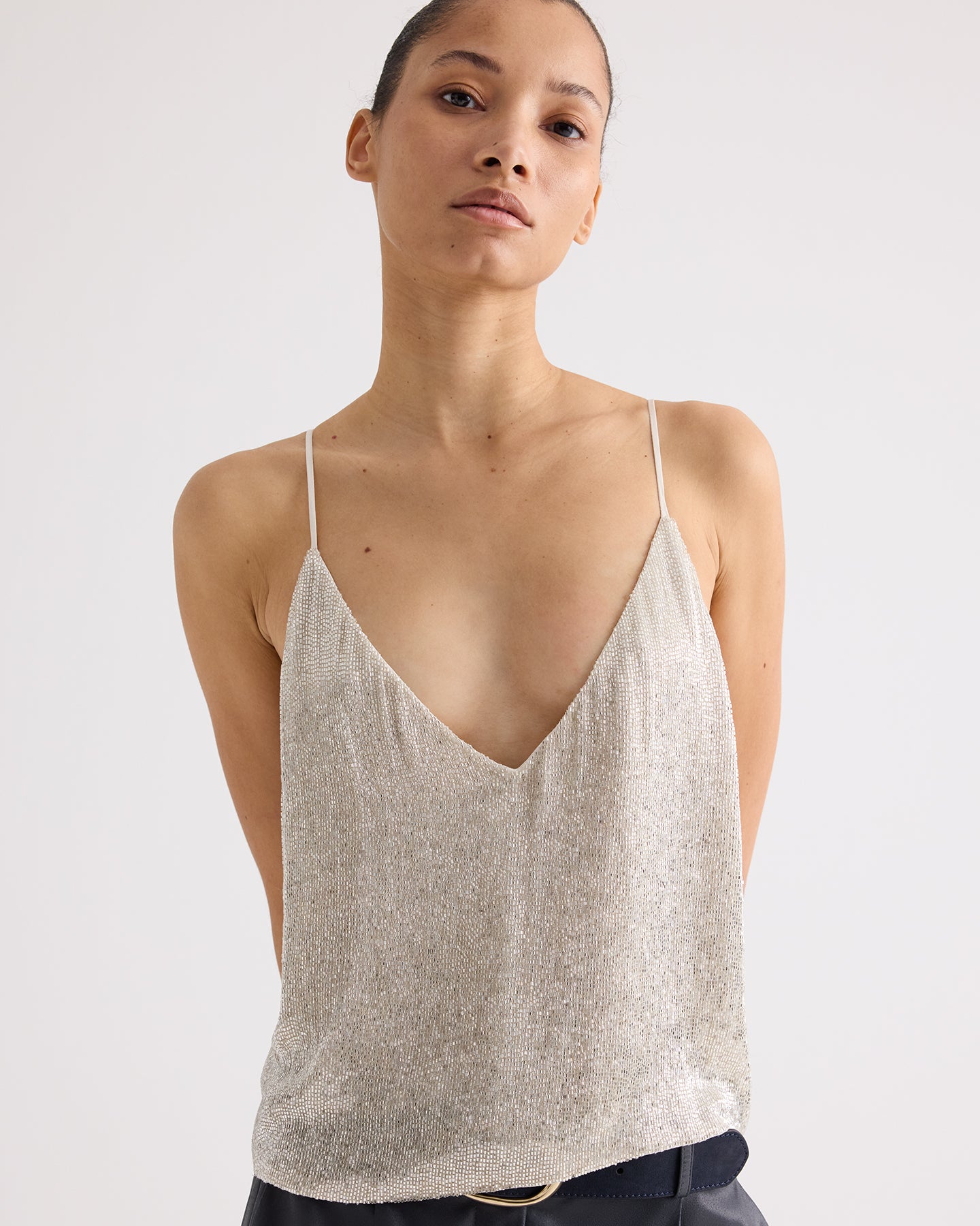 TWP Ivory / silver Simple Cami Top in Bugle Beads view 2