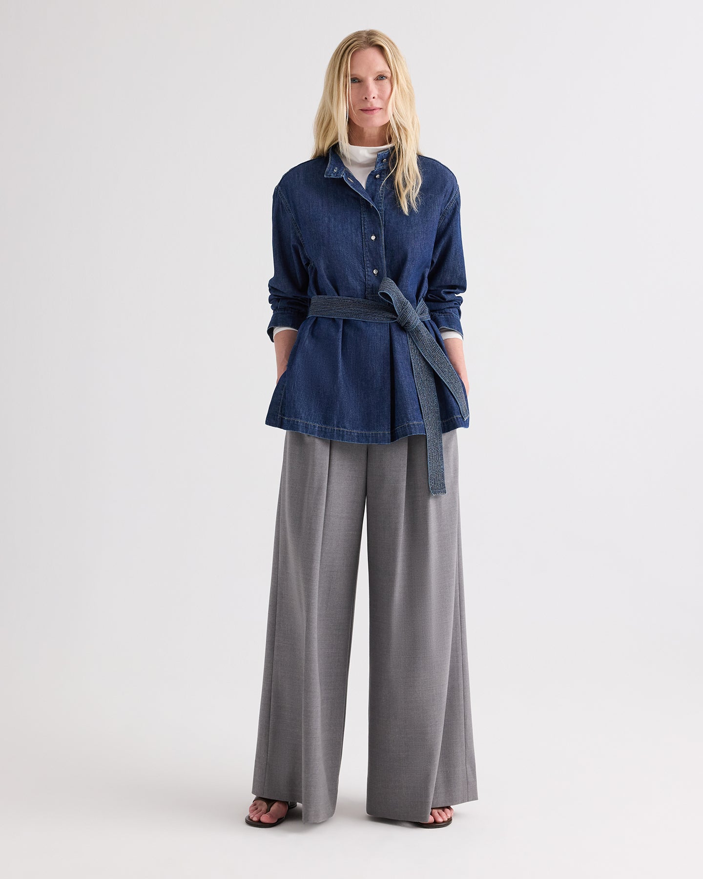 TWP Dark stone Denim Tamzin Wrap Jacket in Denim Shirting view 3