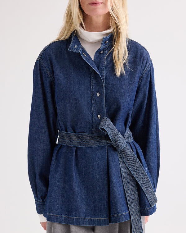 TWP Dark stone Denim Tamzin Wrap Jacket in Denim Shirting view 1