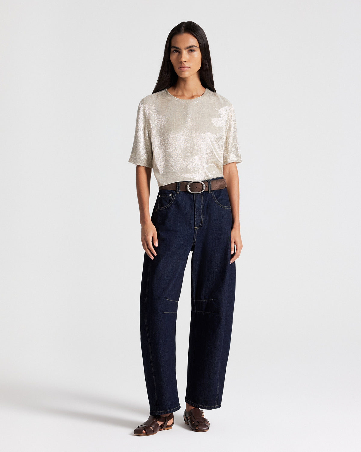 TWP Silver Beaded Tee in Hand Cut Bugle Beads view 4