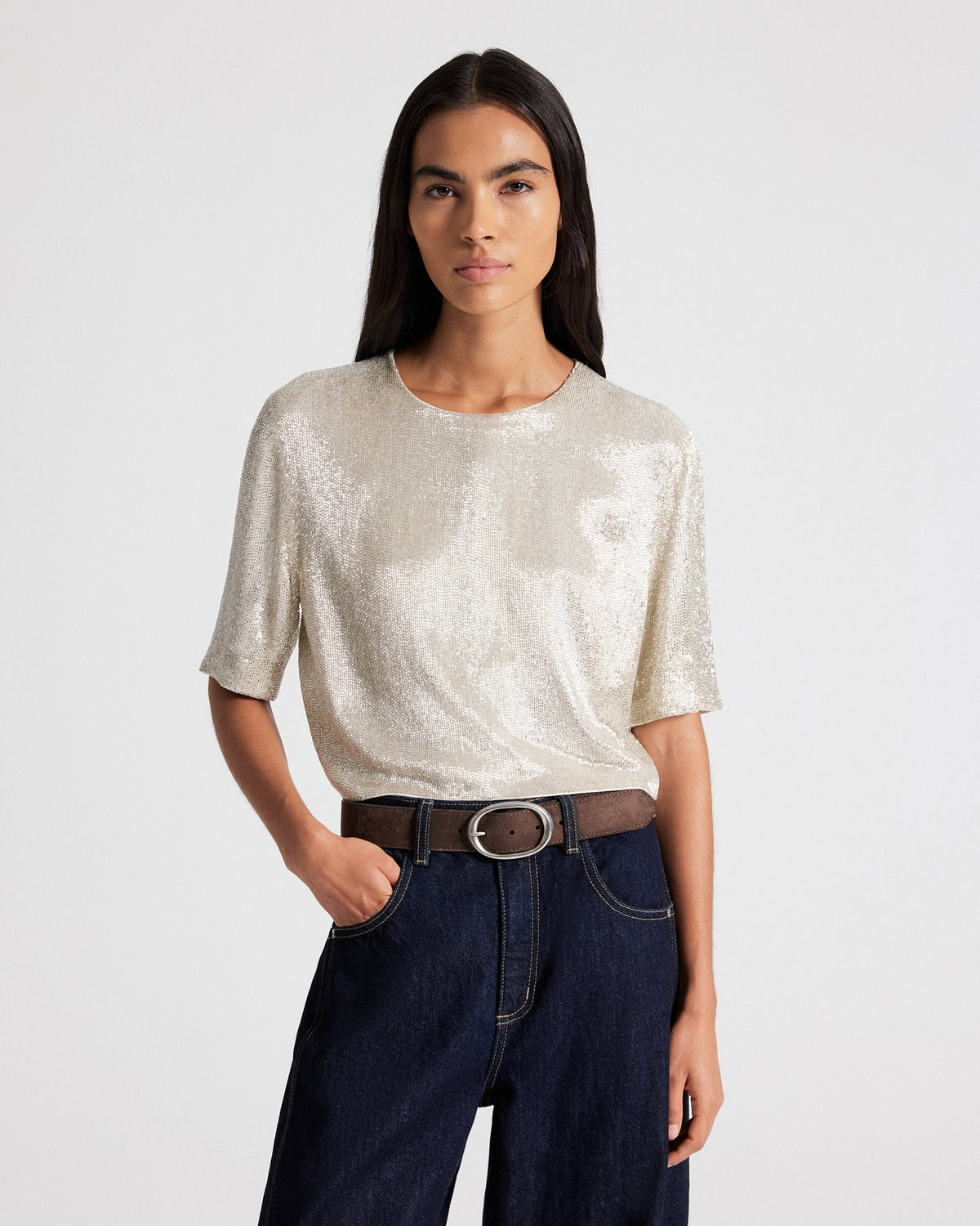 TWP Silver Beaded Tee in Hand Cut Bugle Beads view 3