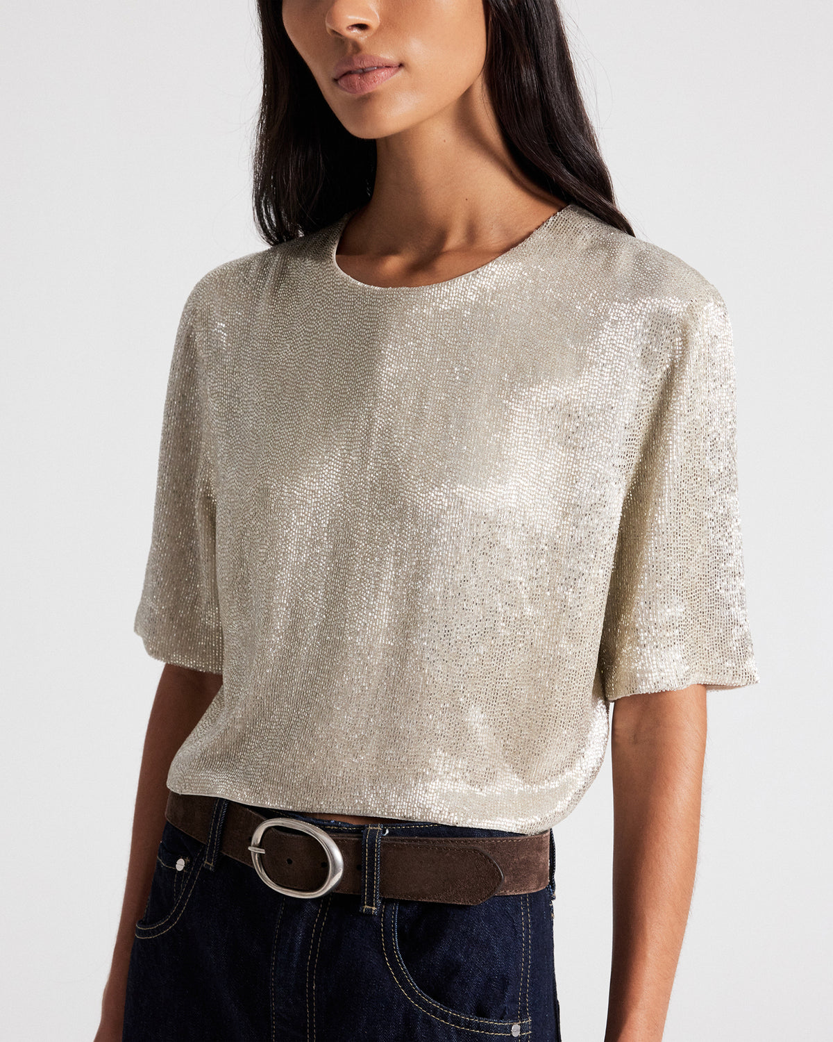TWP Silver Beaded Tee in Hand Cut Bugle Beads view 2