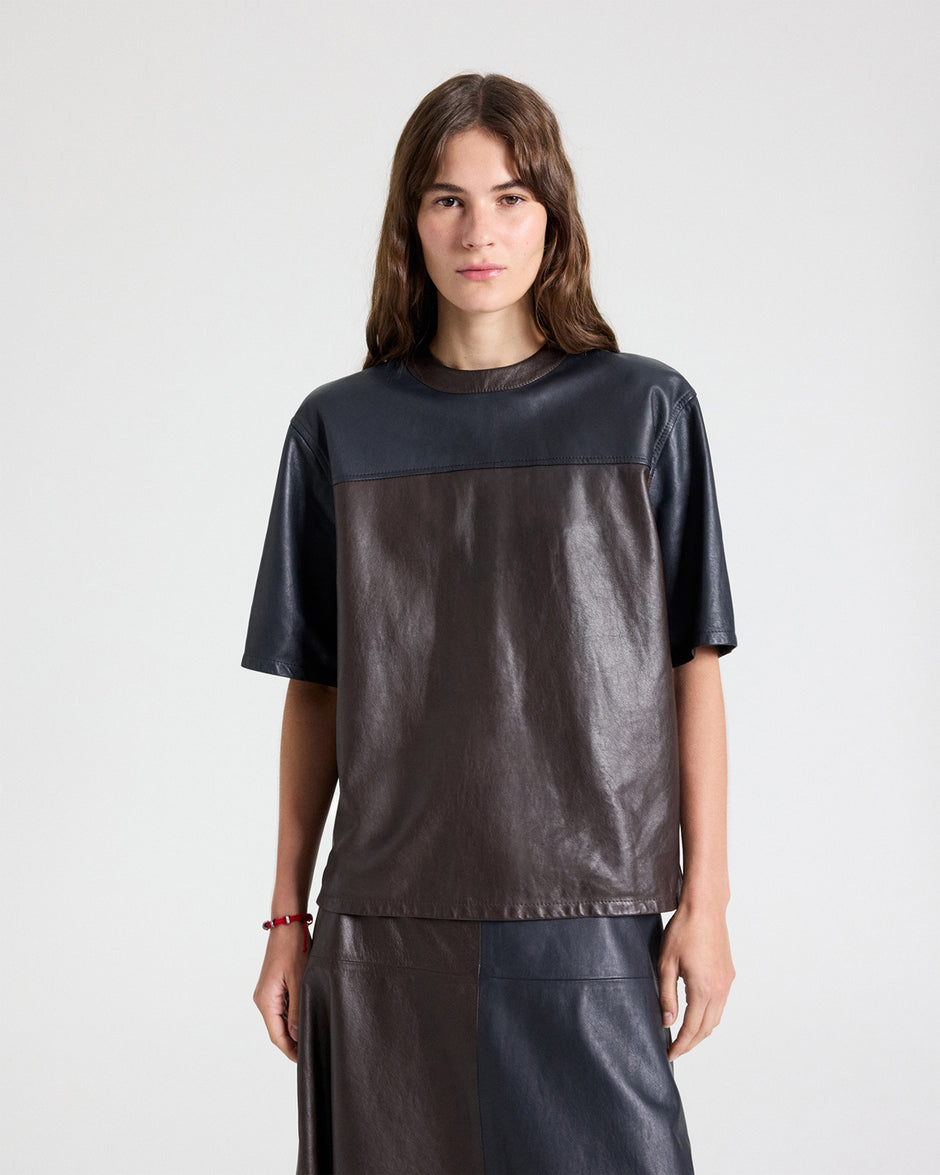 TWP Midnight / dark chocolate TWO TONE LEATHER BIGGISH TEE - MIDNIGHT / DARK CHOCOLATE view 1