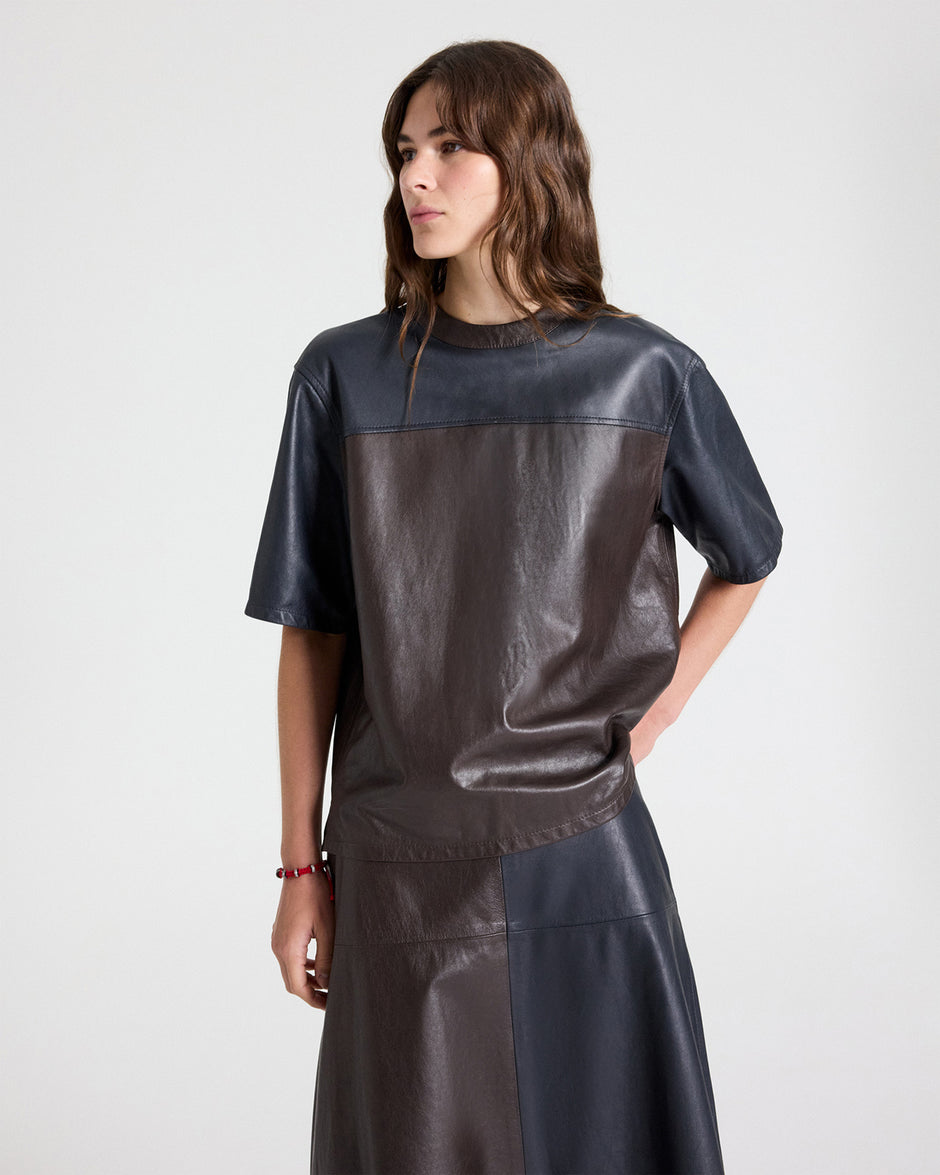 TWP Midnight / dark chocolate TWO TONE LEATHER BIGGISH TEE - MIDNIGHT / DARK CHOCOLATE view 2