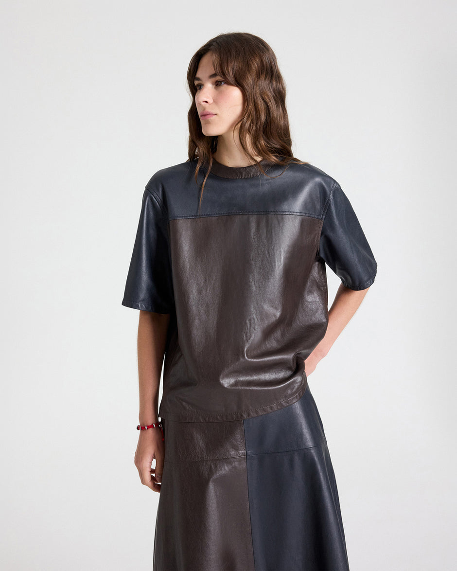 TWP Midnight / dark chocolate Two Tone Biggish Tee in Leather view 1
