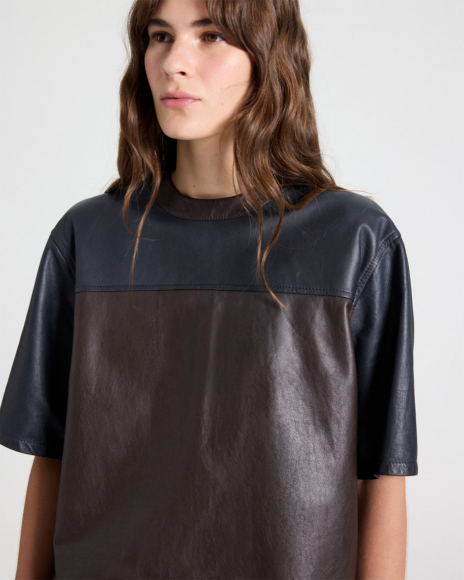 TWP Midnight / dark chocolate TWO TONE LEATHER BIGGISH TEE - MIDNIGHT / DARK CHOCOLATE view 3