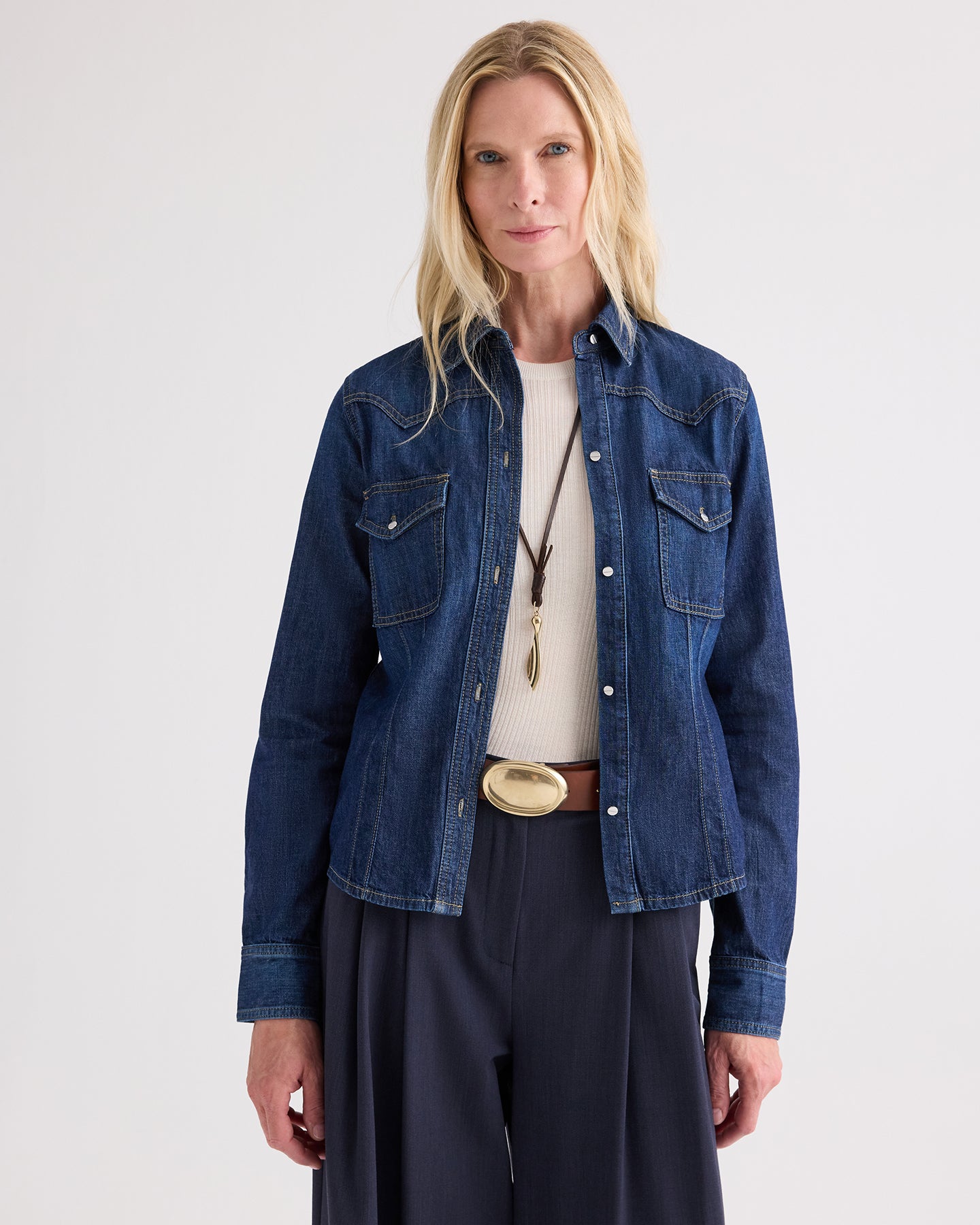 TWP Dark stone Mustang Sally with Snaps in Denim Shirting view 3