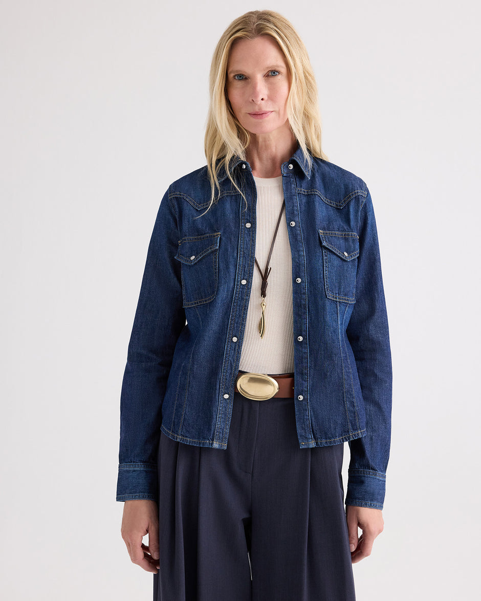 TWP Dark stone Mustang Sally with Snaps in Denim Shirting view 3