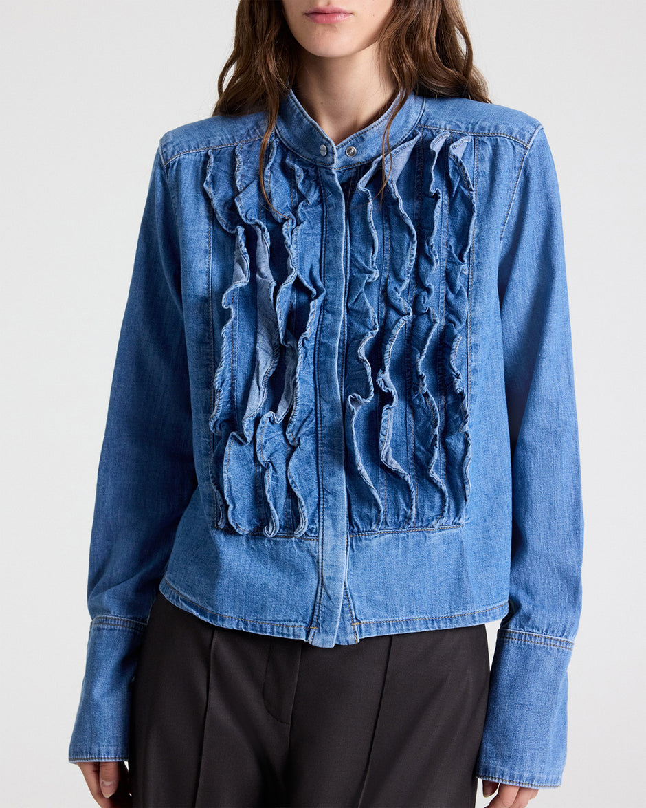 TWP Vintage wash Patti Shirt with Snaps in Denim Shirting view 3