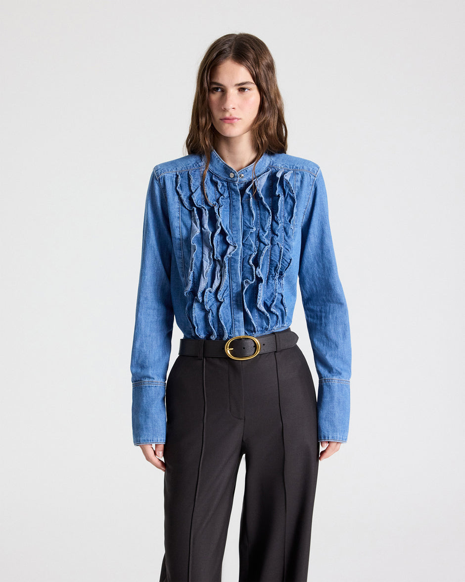TWP Vintage wash Patti Shirt with Snaps in Denim Shirting view 2