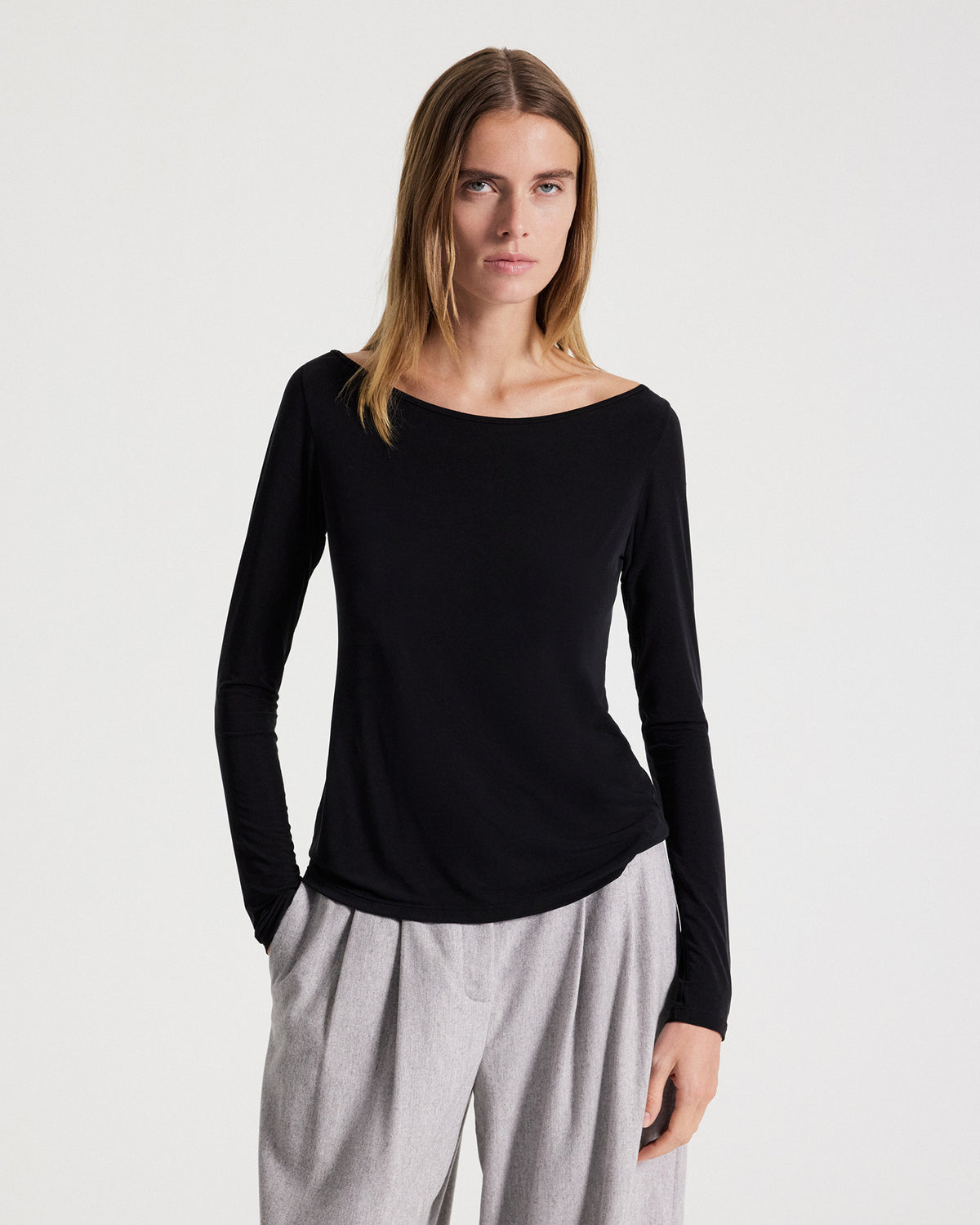 TWP Black Off Shoulder Long Sleeve Top in Stretch Jersey view 1