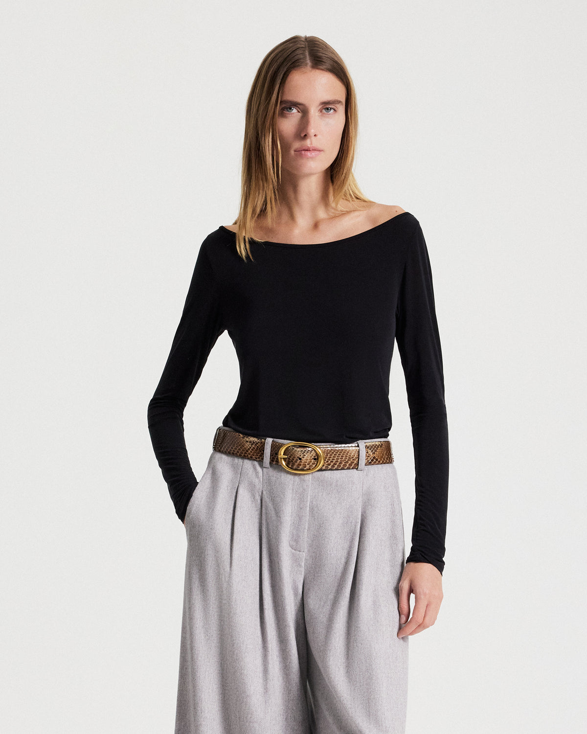 TWP Black Off Shoulder Long Sleeve Top in Stretch Jersey view 3