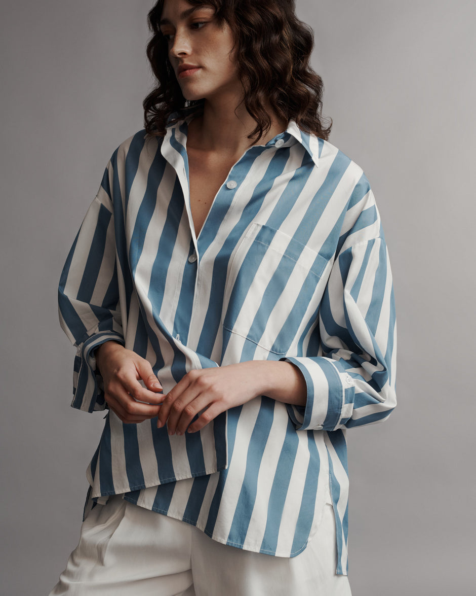 TWP White / vintage denim Earl Shirt in Wide Stark Stripe view 5