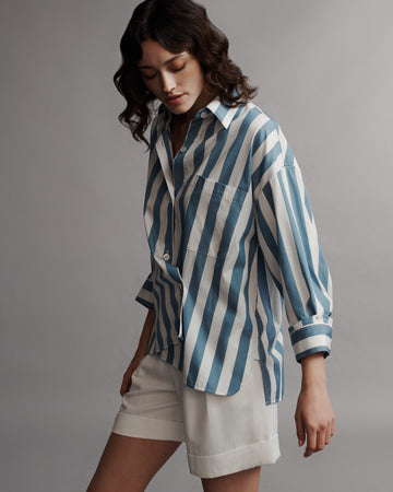 TWP White / vintage denim Earl Shirt in Wide Stark Stripe view 3