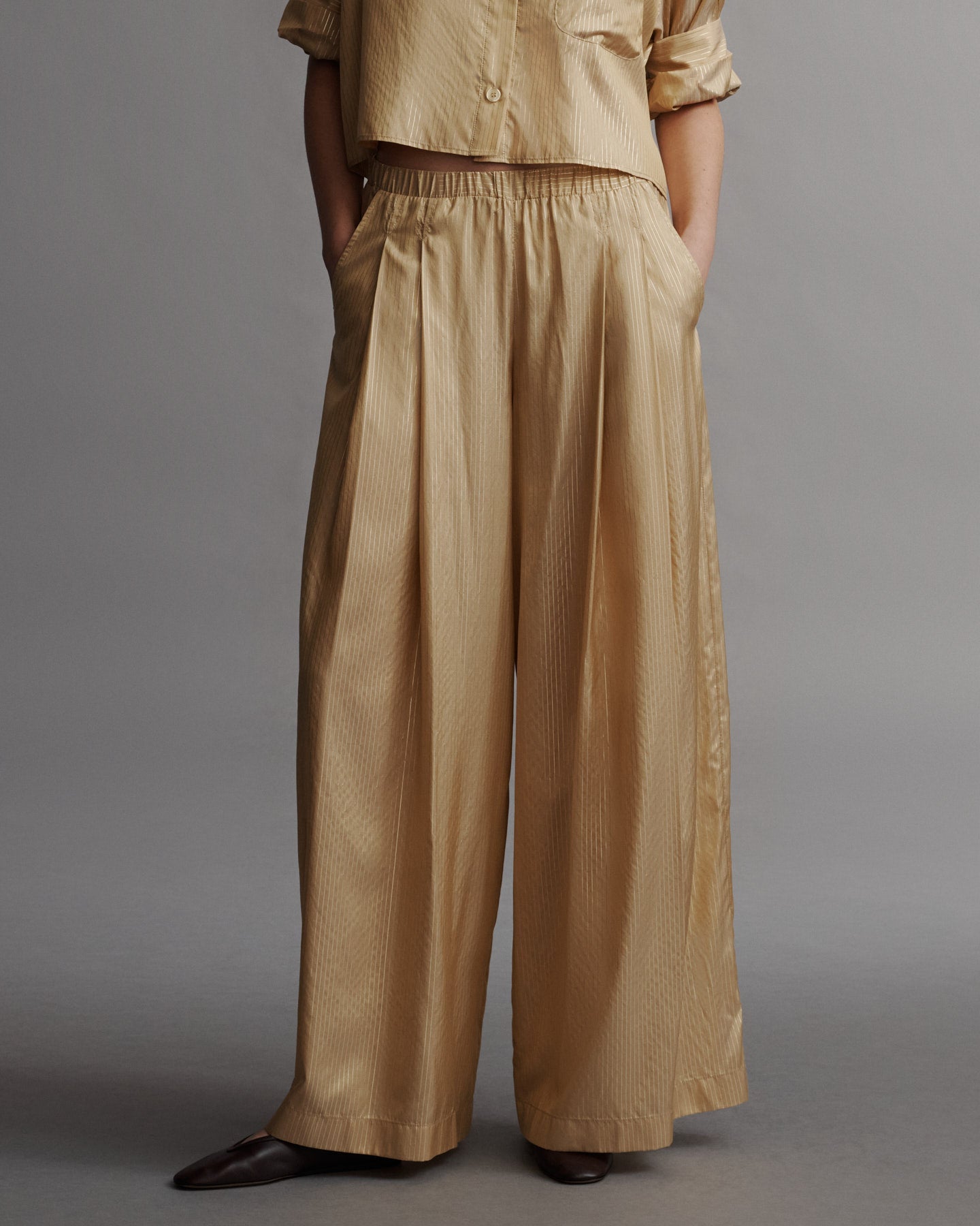 TWP Goldenrod / gold Sag Harbor Pant in Silk Metallic Stripe view 3