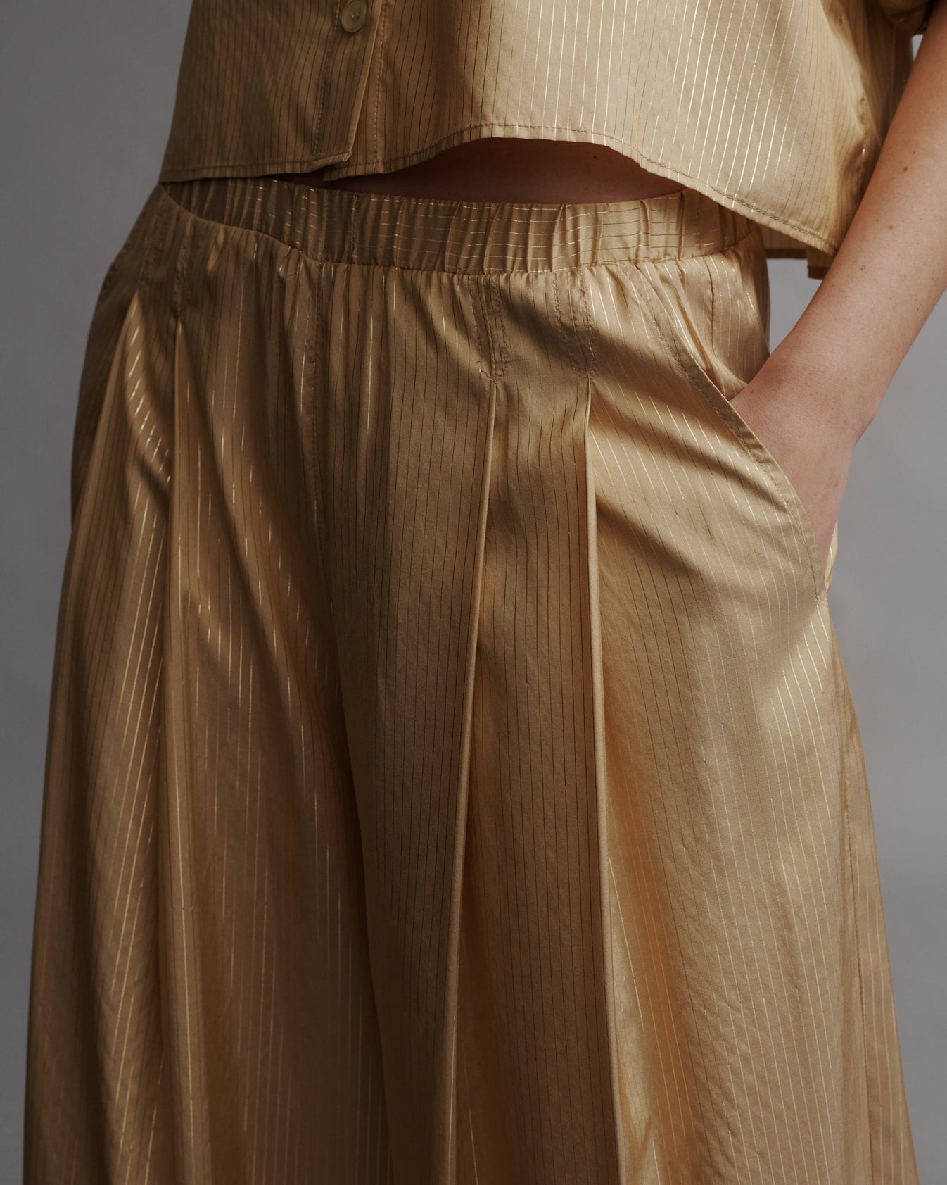 TWP Goldenrod / gold Sag Harbor Pant in Silk Metallic Stripe view 1