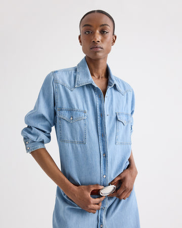 TWP Newport Cowboy Maxi Dress With Snaps in Denim view 3