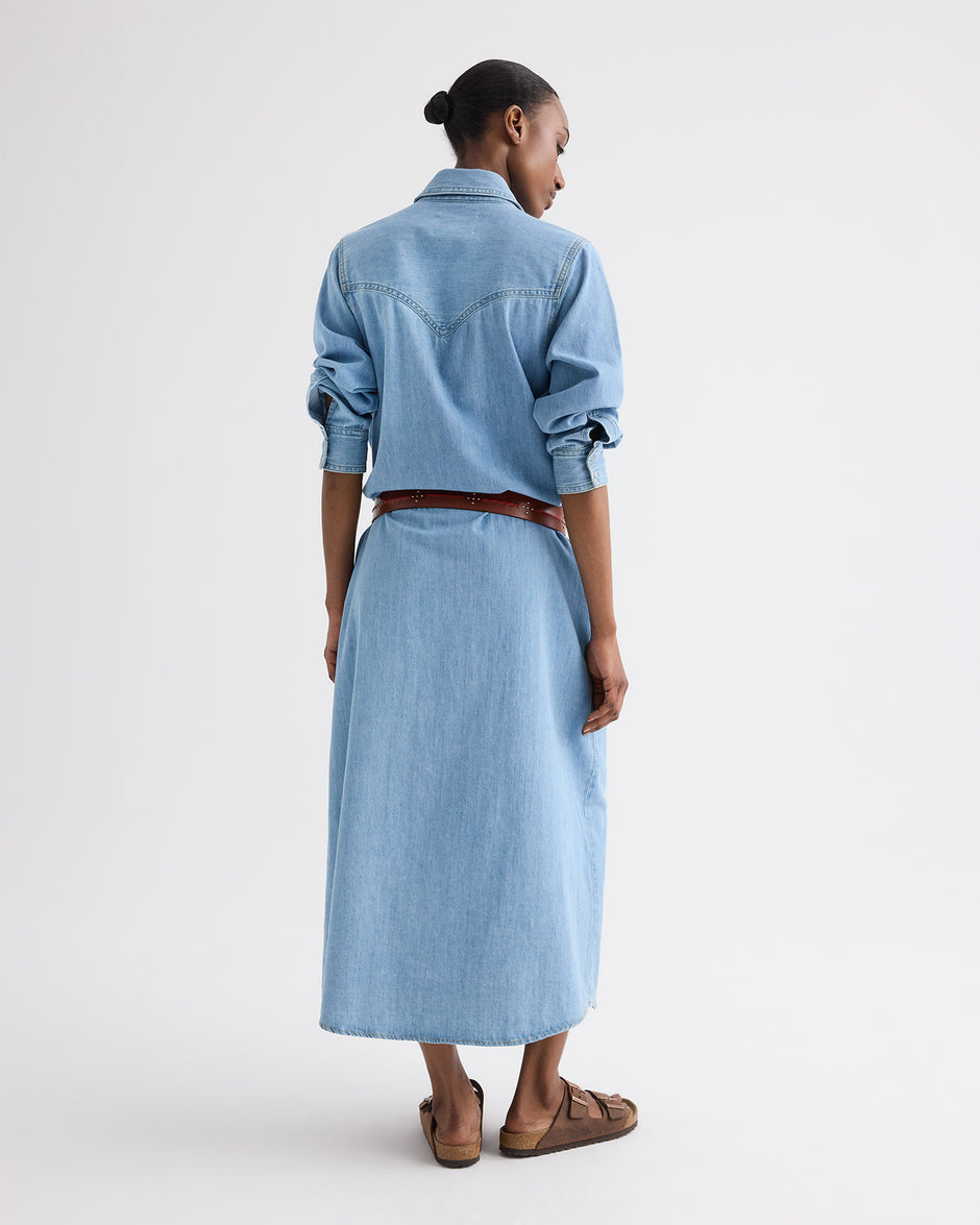 TWP Newport Cowboy Maxi Dress With Snaps in Denim view 5