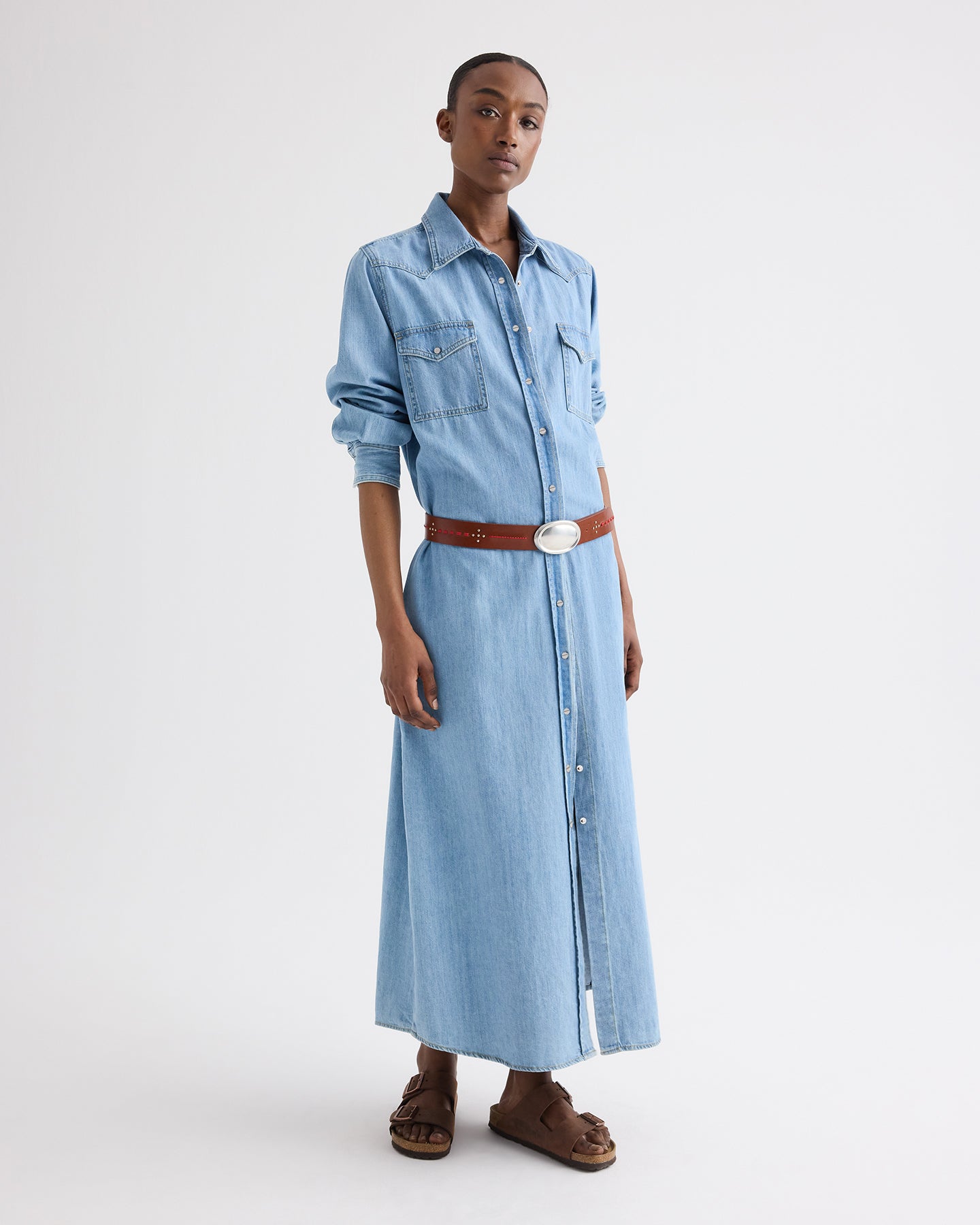 TWP Newport Cowboy Maxi Dress With Snaps in Denim view 1