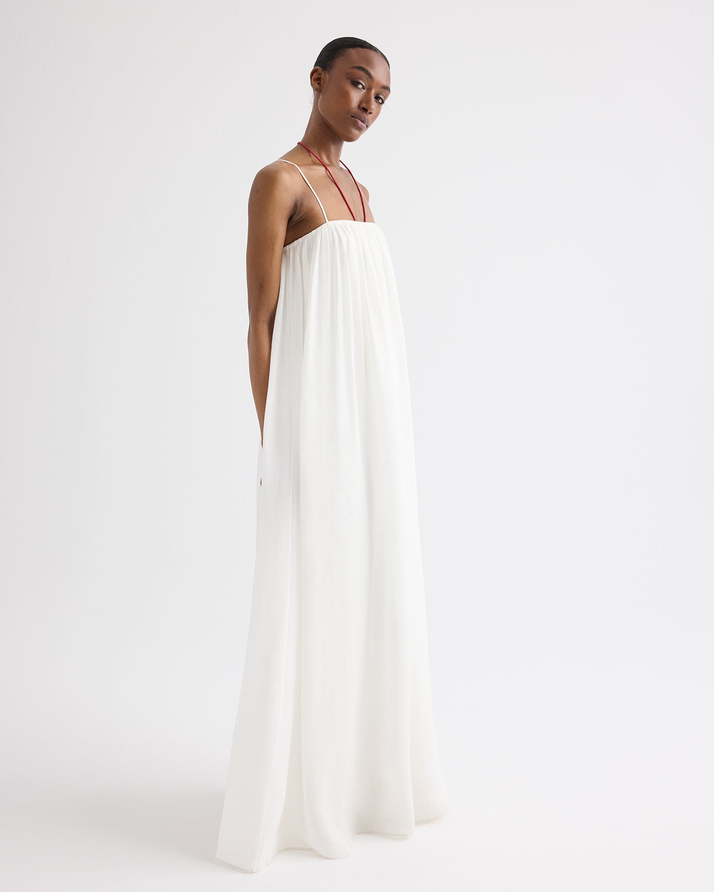 TWP Ivory Shirred Column Dress in Linen Viscose view 3