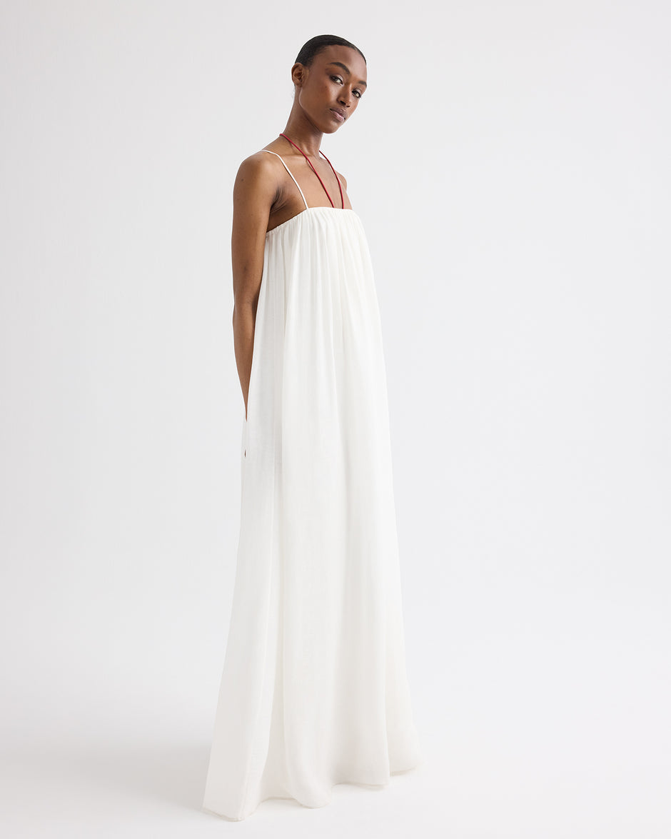 TWP Ivory Shirred Column Dress in Linen Viscose view 3