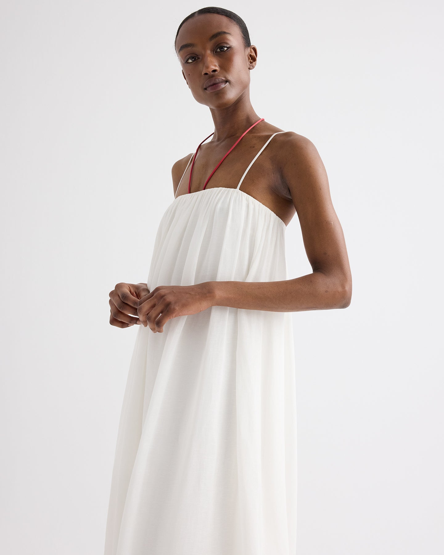 TWP Ivory Shirred Column Dress in Linen Viscose view 4