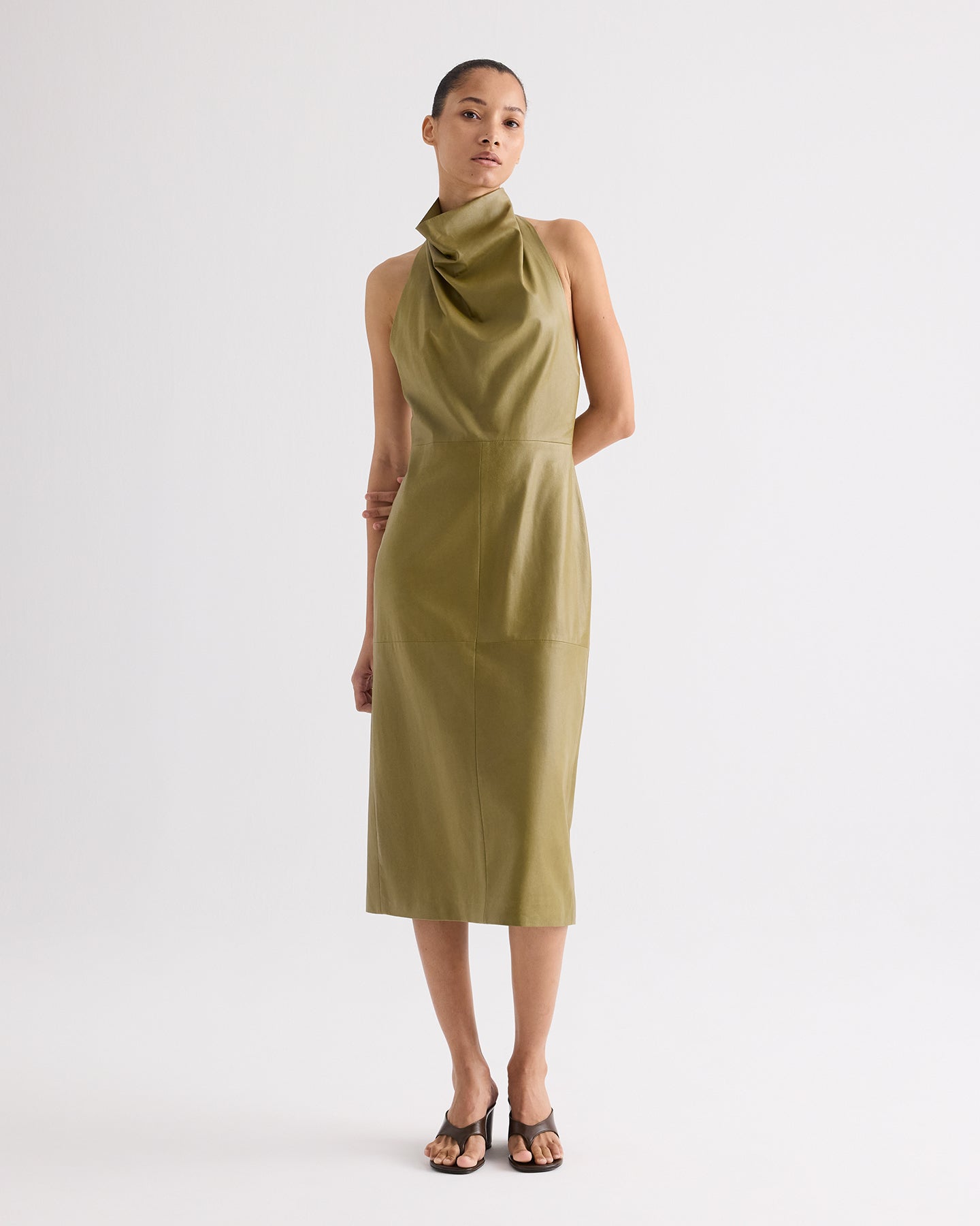 TWP Dried herb Lola Column Dress in Paper Leather view 1