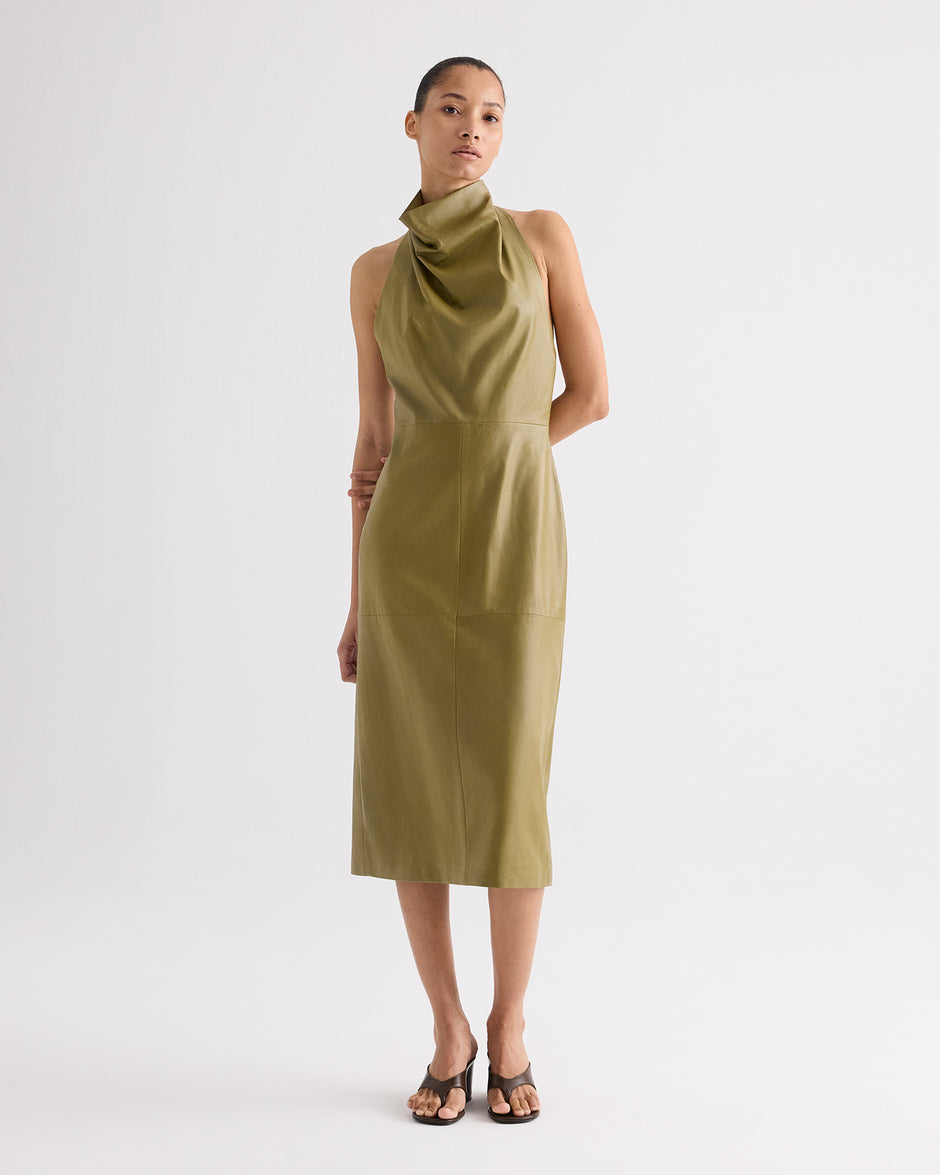 TWP Dried herb Lola Column Dress in Paper Leather view 1