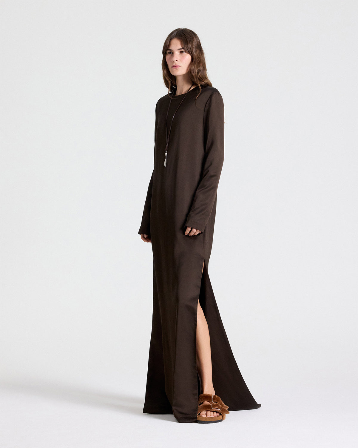TWP Turkish coffee Nightfall Dress in Washed Crepe Back Silk Satin view 3
