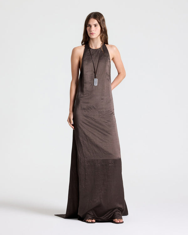 TWP Turkish coffee T-Back Train Gown in Washed Crepe Back Silk Satin view 2