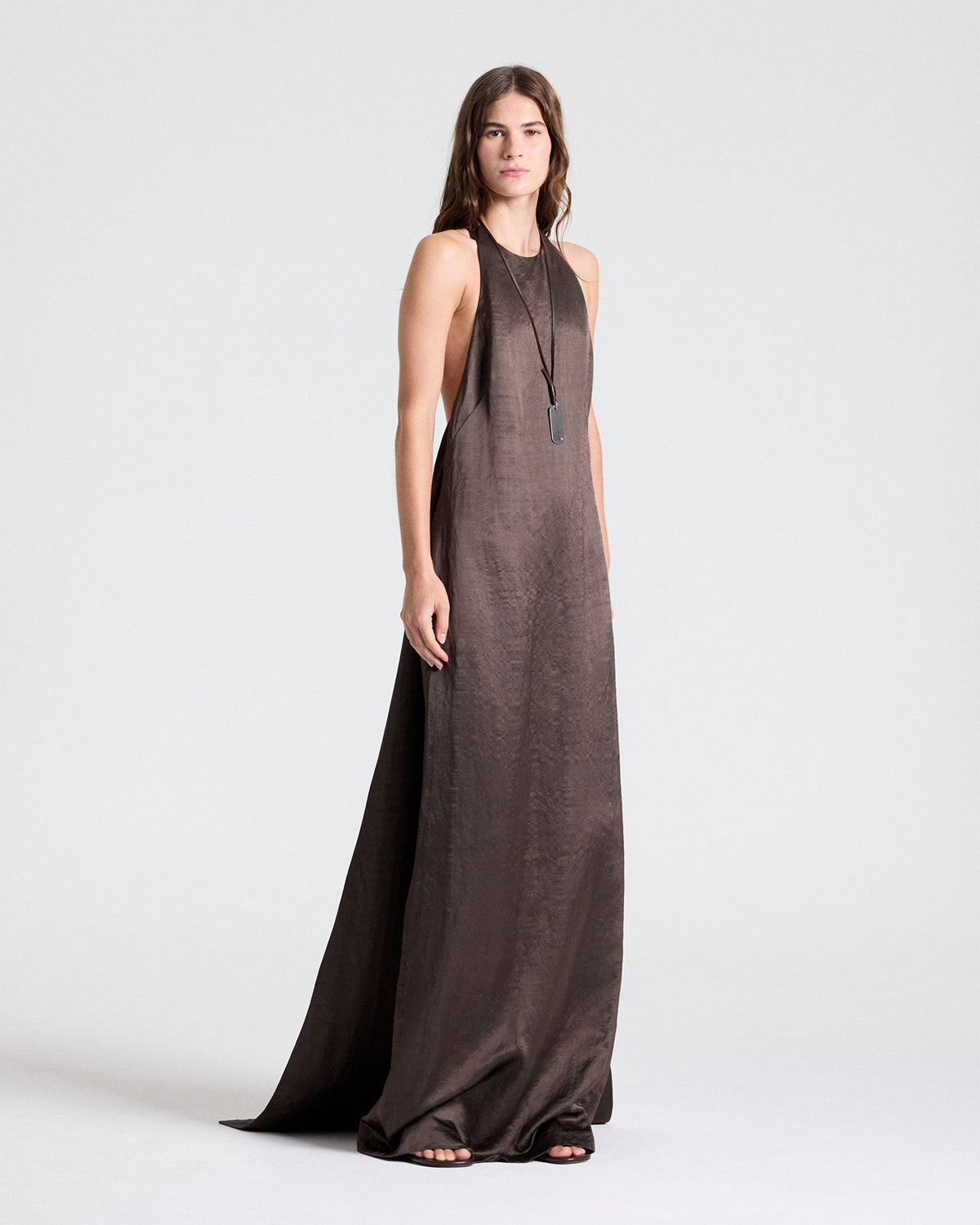 TWP Turkish coffee T-Back Train Gown in Washed Crepe Back Silk Satin view 3