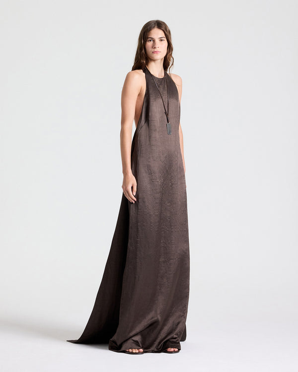 TWP Turkish coffee T-Back Train Gown in Washed Crepe Back Silk Satin view 3